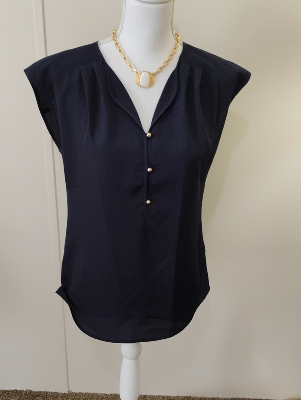 The Limited Navy Cap-Sleeve V-Neck Blouse with Gold Buttons
